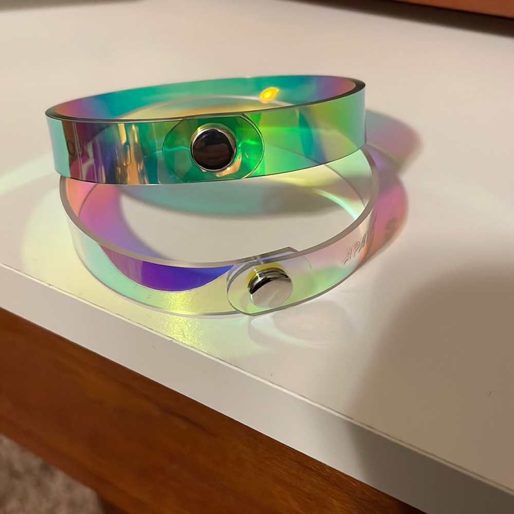 Pair of Apatico bracelets. Pink and Green holographic